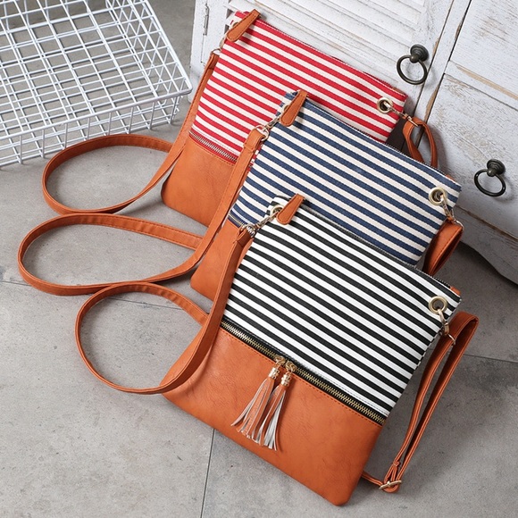 Navy Striped Cognac Faux Leather Crossbody Bag - Picture 3 of 12
